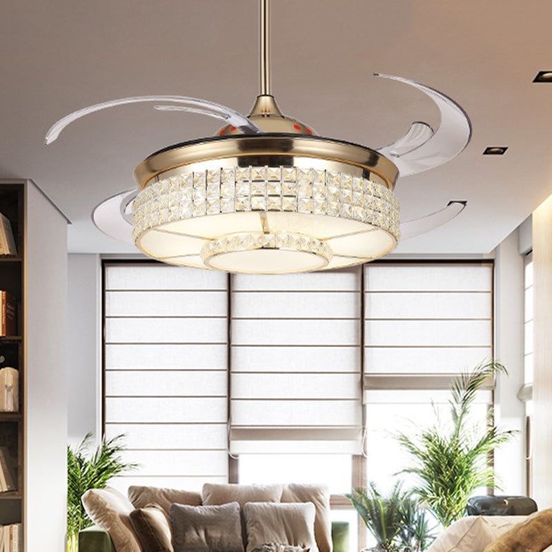 LED Crystal Semi Flush Light Fixture Modern Gold Cylinder Bedroom Hanging Ceiling Fan Lamp with 4 Clear Blades, 48