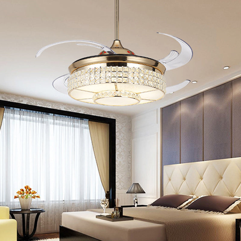 LED Crystal Semi Flush Light Fixture Modern Gold Cylinder Bedroom Hanging Ceiling Fan Lamp with 4 Clear Blades, 48