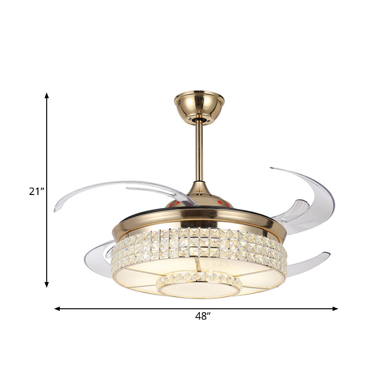 LED Crystal Semi Flush Light Fixture Modern Gold Cylinder Bedroom Hanging Ceiling Fan Lamp with 4 Clear Blades, 48