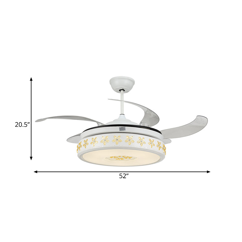 Round Living Room Hanging Fan Light Modernist Acrylic Shade LED White Semi Flush Lamp Fixture with 4 Clear Blades, 52