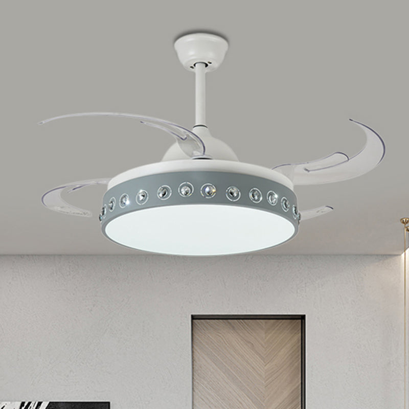 LED Drum Pendant Fan Light Modernism Grey Metallic 8 Blades Semi Flush Ceiling Lamp, 48