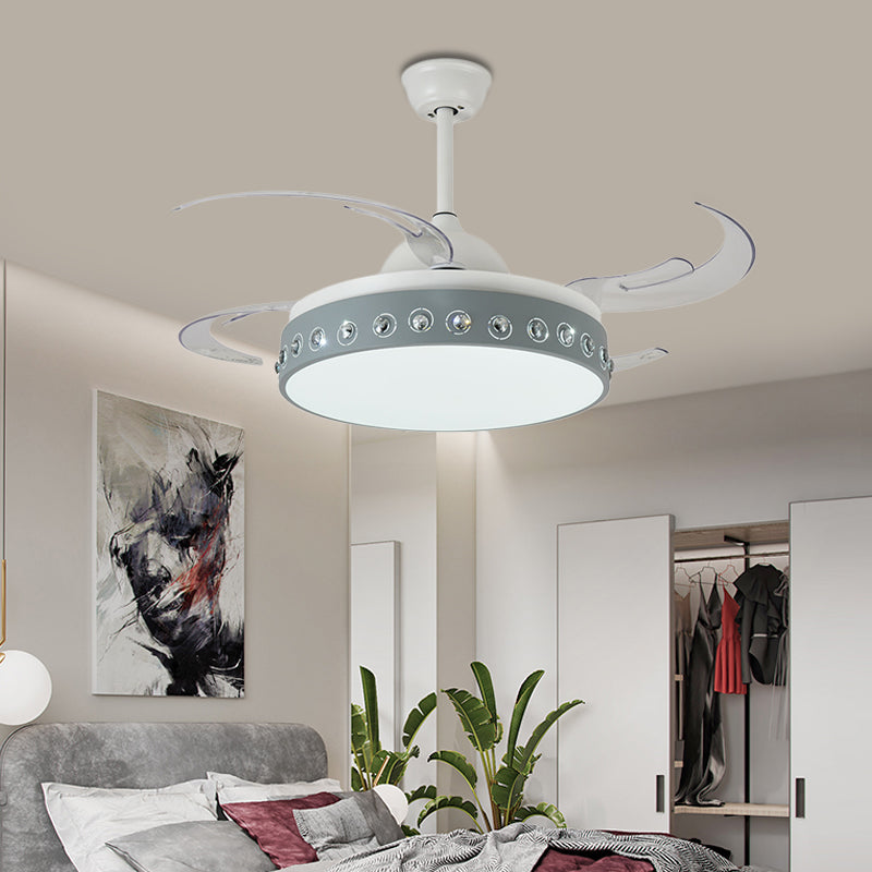 LED Drum Pendant Fan Light Modernism Grey Metallic 8 Blades Semi Flush Ceiling Lamp, 48