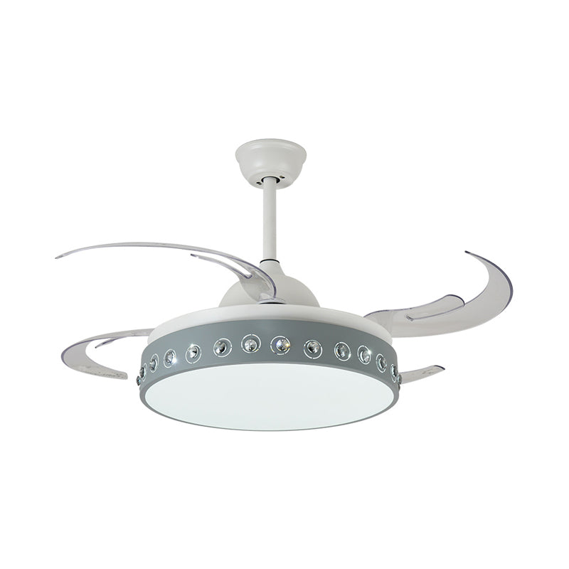 LED Drum Pendant Fan Light Modernism Grey Metallic 8 Blades Semi Flush Ceiling Lamp, 48