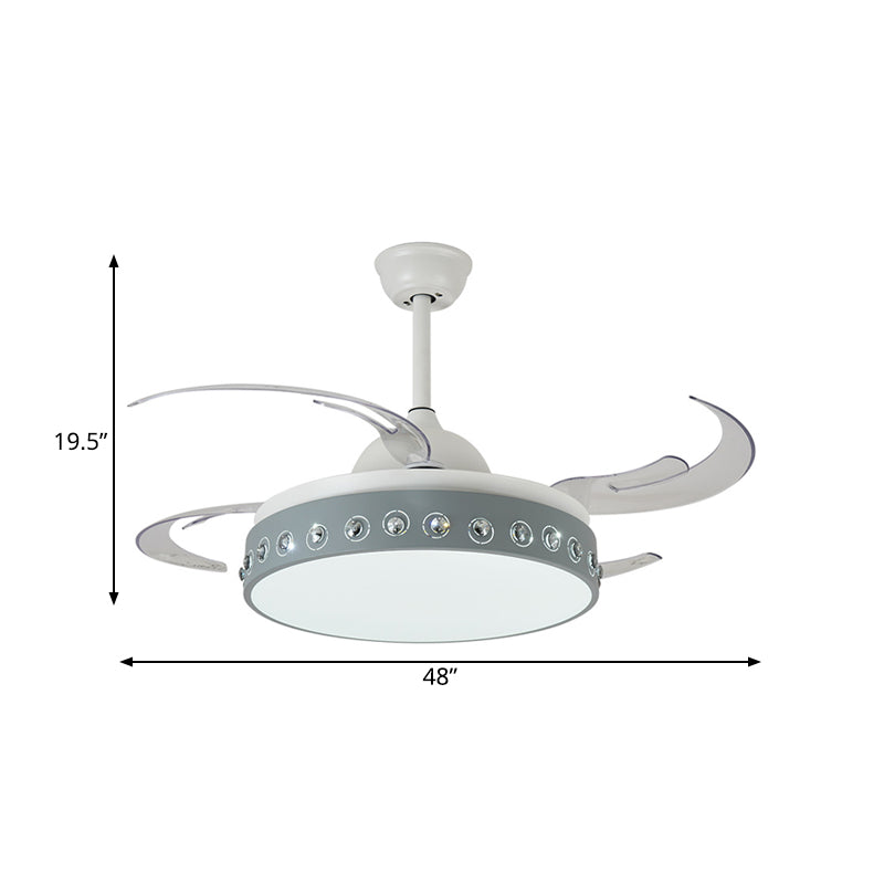 LED Drum Pendant Fan Light Modernism Grey Metallic 8 Blades Semi Flush Ceiling Lamp, 48