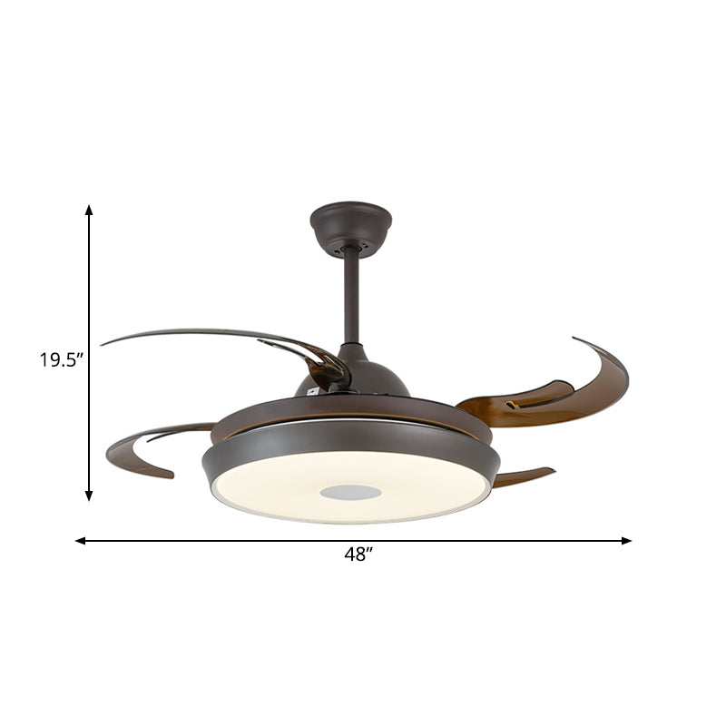 LED Metal Semi Flush Light Fixture Minimalist Brown Round Bedroom 4 Blades Hanging Fan Lamp, 48