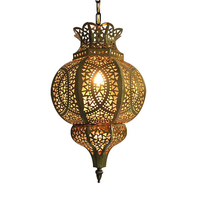 Brass 1-Bulb Hanging Lighting Vintage Metal Gourd Shade Ceiling Pendant Lamp with Hollow Out Design Clearhalo 'Ceiling Lights' 'Pendant Lights' 'Pendants' Lighting' 399654