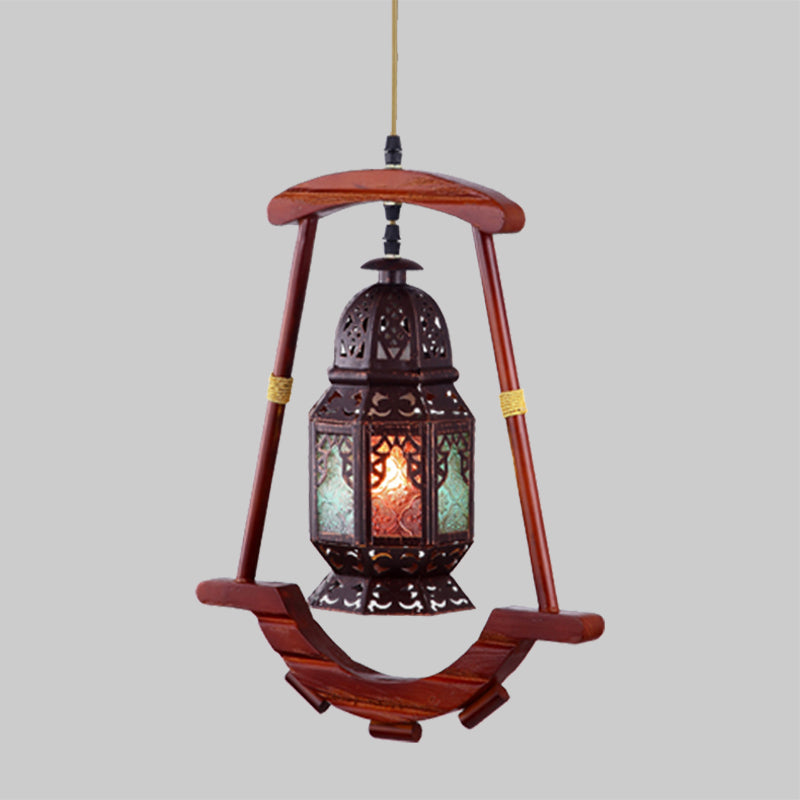 Lantern Bedroom Ceiling Light Rustic Metal 1 Light Copper Suspension Lamp with Wood Frame Clearhalo 'Ceiling Lights' 'Pendant Lights' 'Pendants' Lighting' 399659