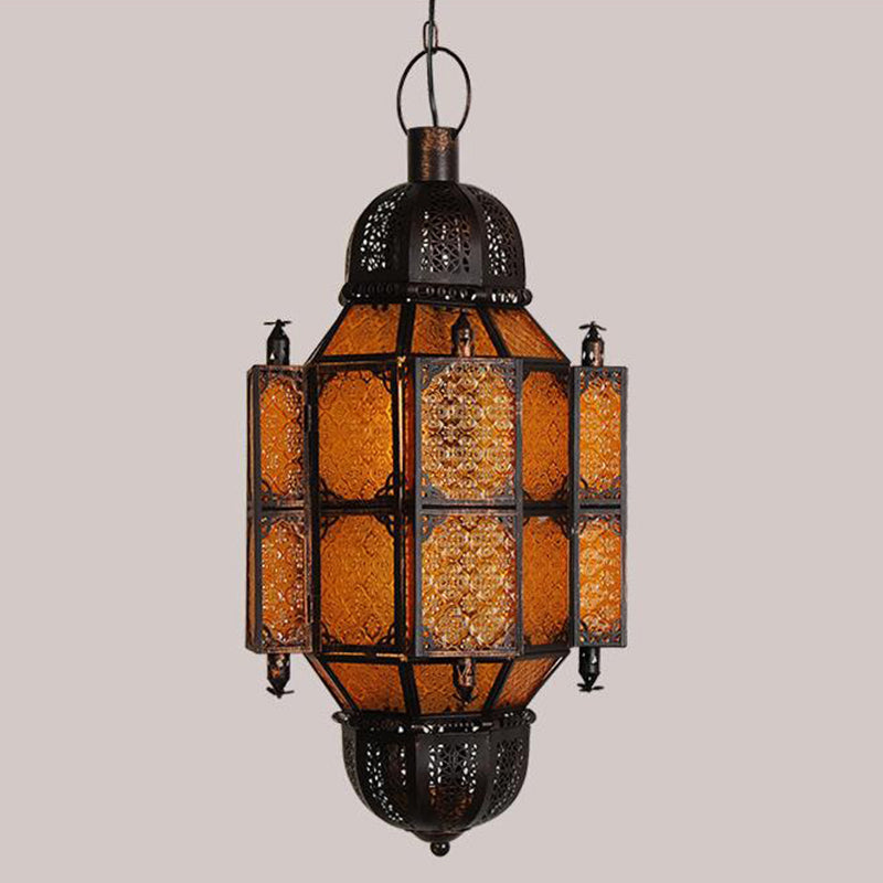 Black Lantern Pendant Vintage Metal 1-Bulb Restaurant Ceiling Light with Yellow Textured Glass Shade Clearhalo 'Ceiling Lights' 'Pendant Lights' 'Pendants' Lighting' 399679