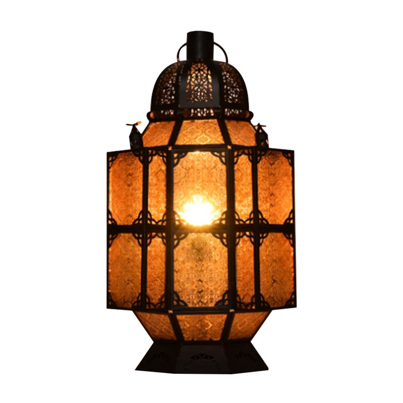 Rust 1-Bulb Task Lighting Art Deco Amber Textured Glass Lantern Nightstand Lamp for Bar Clearhalo 'Lamps' 'Table Lamps' Lighting' 399812