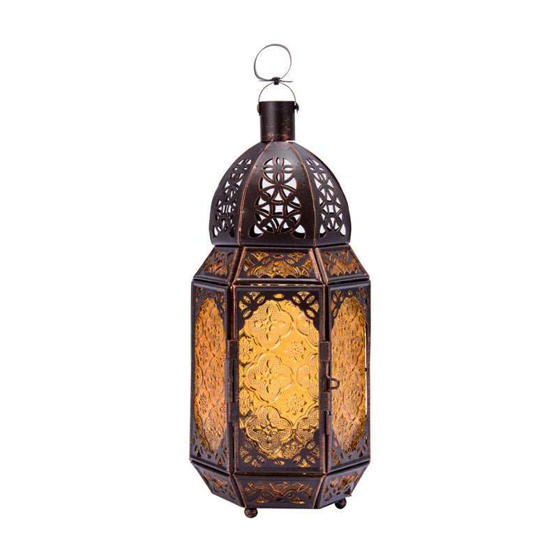 Lantern Metal Table Lamp Vintage 1-Light Coffee Shop Desk Lighting in Rust with Yellow Textured Glass Shade Clearhalo 'Lamps' 'Table Lamps' Lighting' 399827