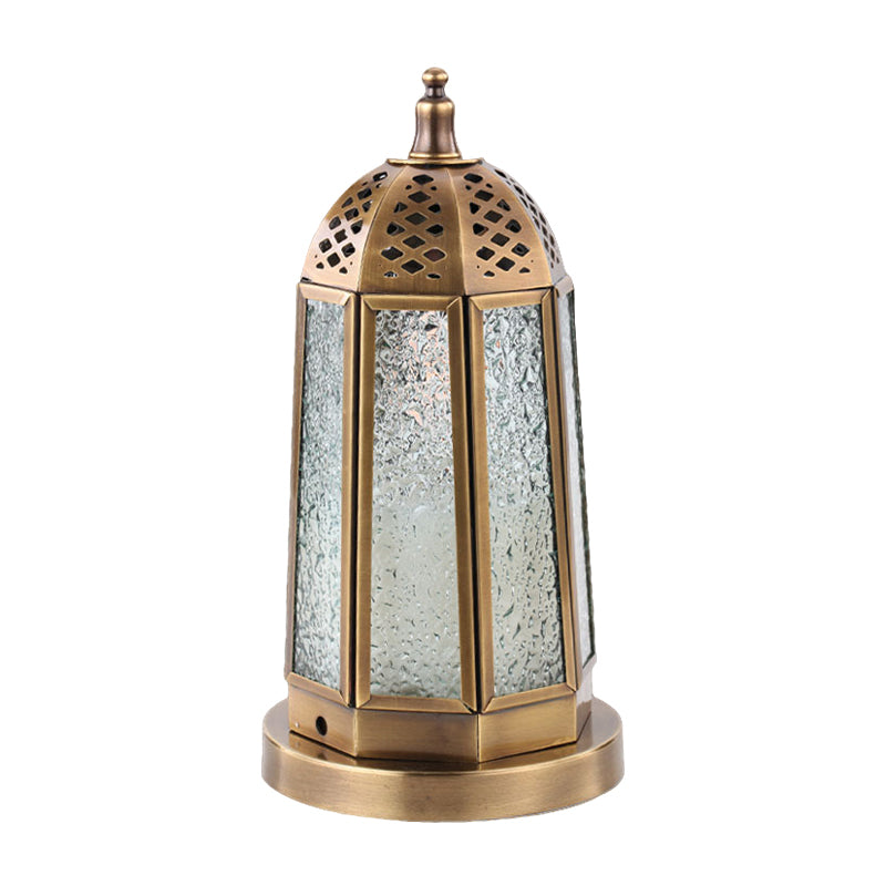 Antiqued Tower Desk Lighting 1 Head Clear Pebbled Glass Night Table Lamp in Brass Clearhalo 'Lamps' 'Table Lamps' Lighting' 399832