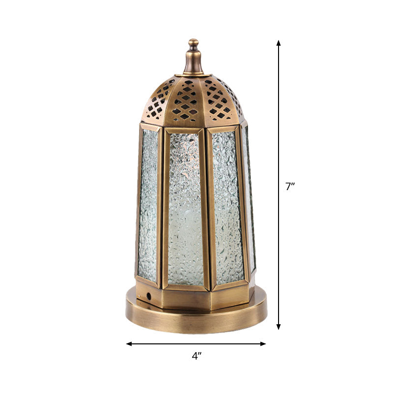 Antiqued Tower Desk Lighting 1 Head Clear Pebbled Glass Night Table Lamp in Brass Clearhalo 'Lamps' 'Table Lamps' Lighting' 399834