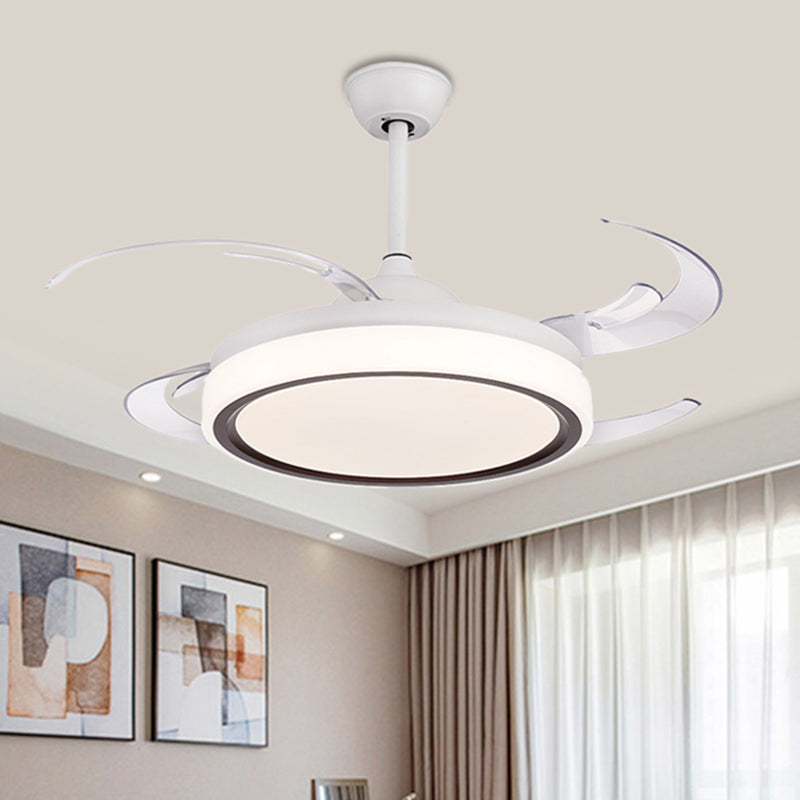 LED Drum Semi Flush Lighting Modernism White Acrylic 4 PC Blades Ceiling Fan Lamp, 48