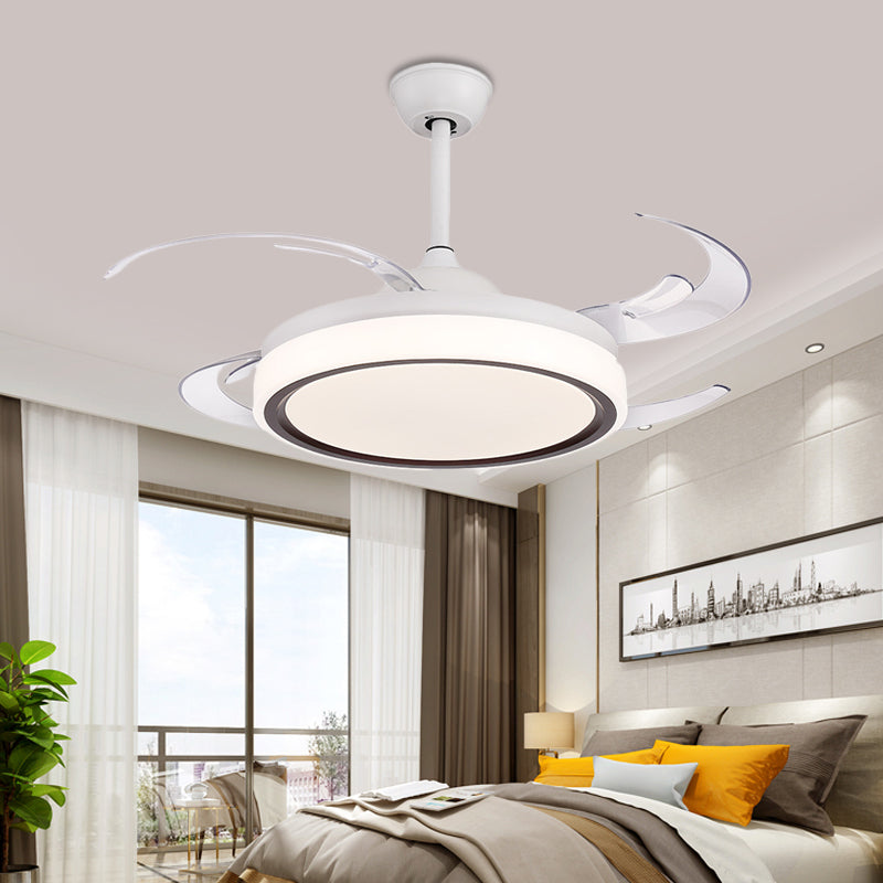 LED Drum Semi Flush Lighting Modernism White Acrylic 4 PC Blades Ceiling Fan Lamp, 48