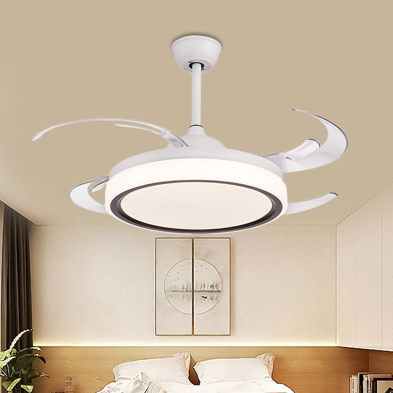 LED Drum Semi Flush Lighting Modernism White Acrylic 4 PC Blades Ceiling Fan Lamp, 48