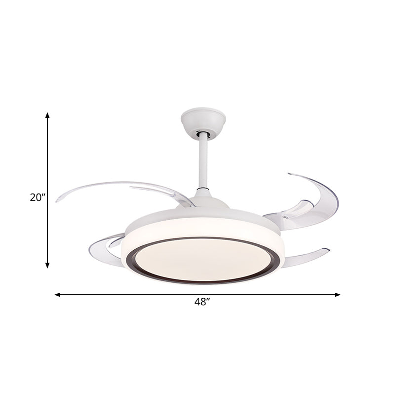 LED Drum Semi Flush Lighting Modernism White Acrylic 4 PC Blades Ceiling Fan Lamp, 48