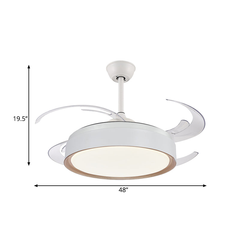 Round Acrylic Hanging Fan Light Minimalist LED Bedroom Semi Flush Mount Lamp in White with 4 Blades, 48