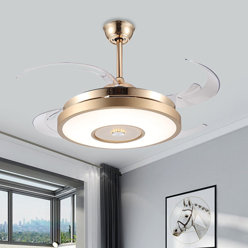 Gold Drum Pendant Fan Lamp Fixture Modernist Acrylic Living Room 4 Blades LED Semi Flushmount, 48