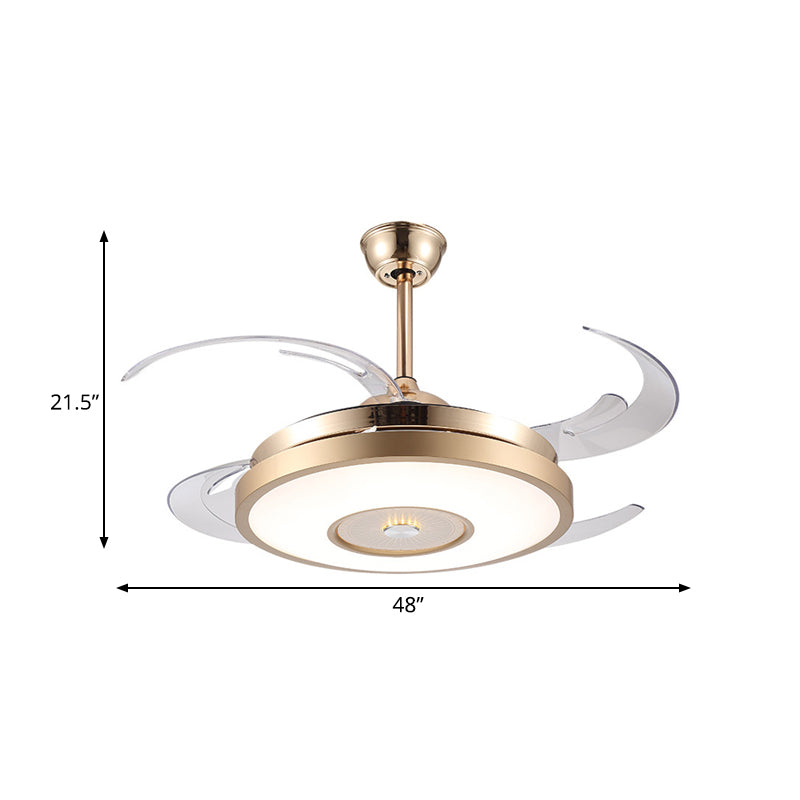 Gold Drum Pendant Fan Lamp Fixture Modernist Acrylic Living Room 4 Blades LED Semi Flushmount, 48