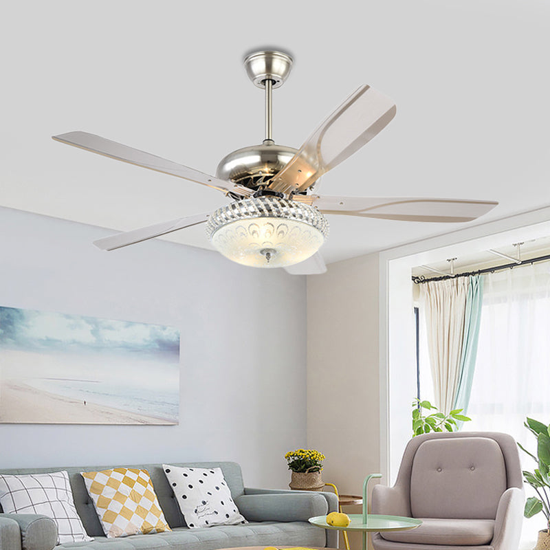 Modern Dome Semi Flush Lighting LED Metallic Ceiling Fan Lamp in Silver for Living Room with 5 Clear Blades, 48