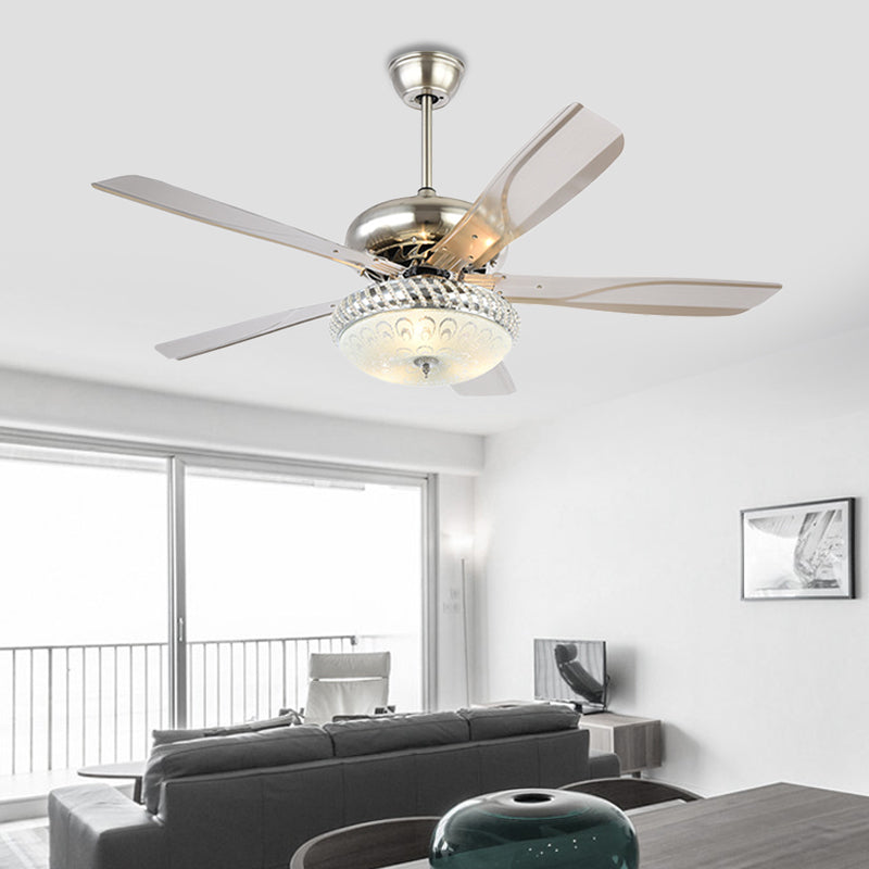 Modern Dome Semi Flush Lighting LED Metallic Ceiling Fan Lamp in Silver for Living Room with 5 Clear Blades, 48