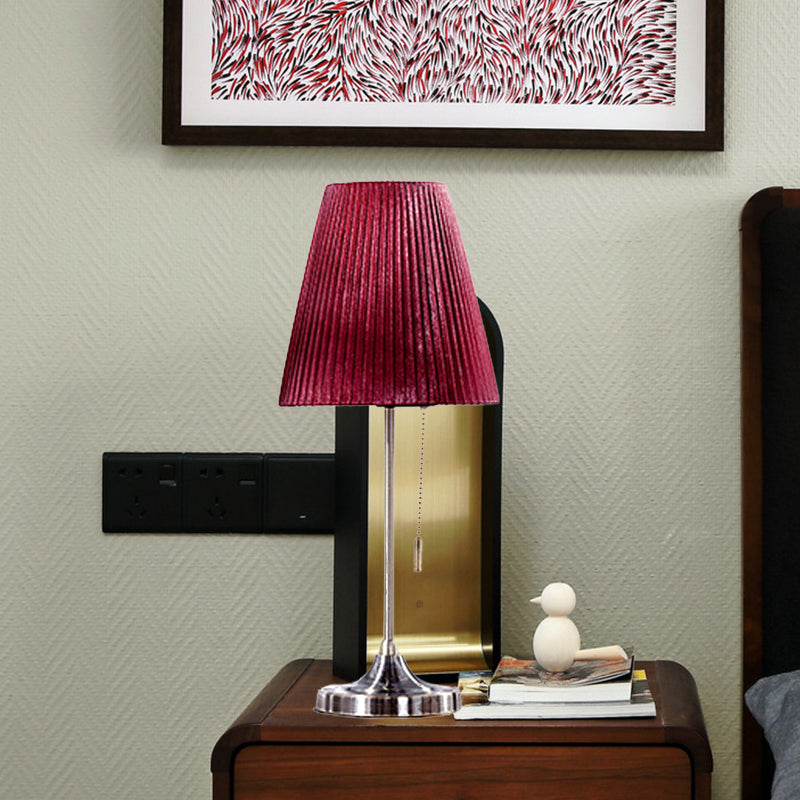 Red Tapered Nightstand Lamp Modernist 1 Bulb Fabric Task Lighting with Pull Chain Red Clearhalo 'Lamps' 'Table Lamps' Lighting' 399946