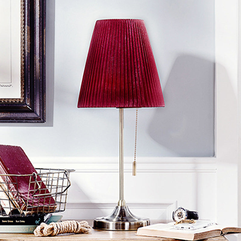 Red Tapered Nightstand Lamp Modernist 1 Bulb Fabric Task Lighting with Pull Chain Clearhalo 'Lamps' 'Table Lamps' Lighting' 399947