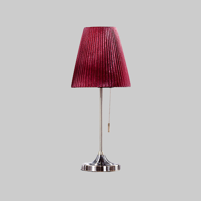 Red Tapered Nightstand Lamp Modernist 1 Bulb Fabric Task Lighting with Pull Chain Clearhalo 'Lamps' 'Table Lamps' Lighting' 399949