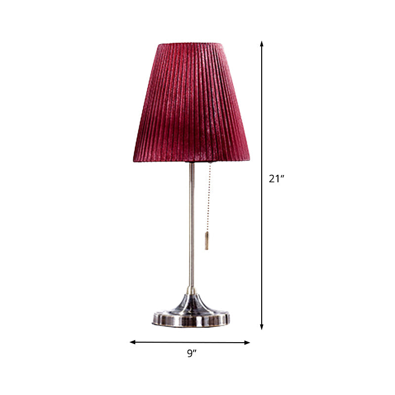 Red Tapered Nightstand Lamp Modernist 1 Bulb Fabric Task Lighting with Pull Chain Clearhalo 'Lamps' 'Table Lamps' Lighting' 399950