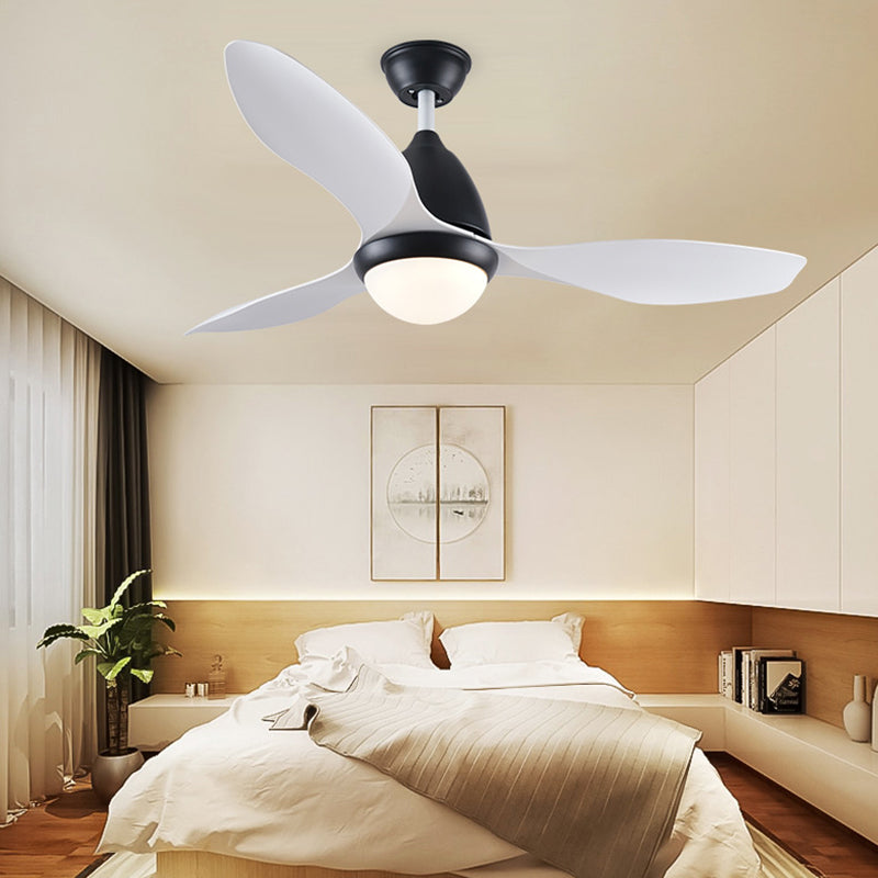 Black Dome Semi Flush Mount Modern Metallic Bedroom LED Hanging Pendant Fan Light with 3 White Blades, 48