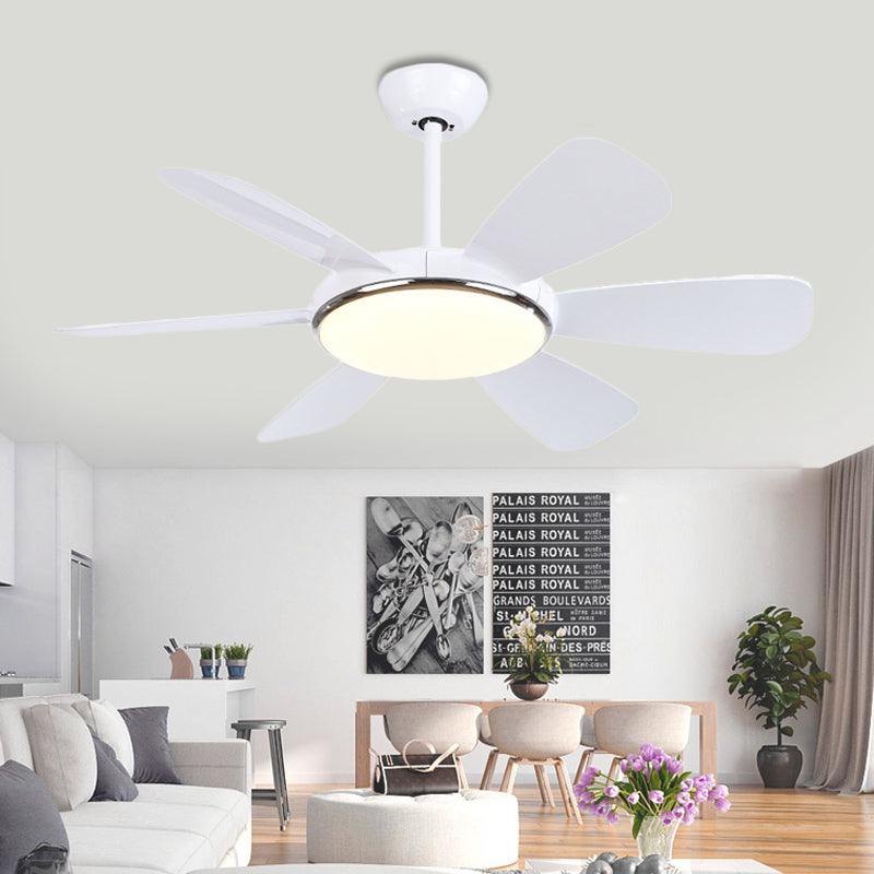 Acrylic Circle Pendant Fan Light Modernism Bedroom 6 Blades LED Semi Flush Lamp in White, 42