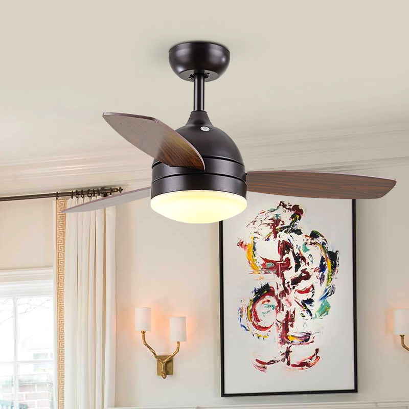 White/Black LED Hanging Fan Light Modernist Metallic Dome Semi Flush Mounted Lamp with 3 Wood Blades, 42