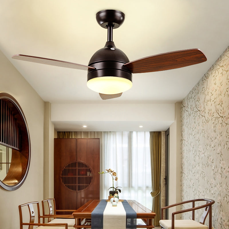 White/Black LED Hanging Fan Light Modernist Metallic Dome Semi Flush Mounted Lamp with 3 Wood Blades, 42