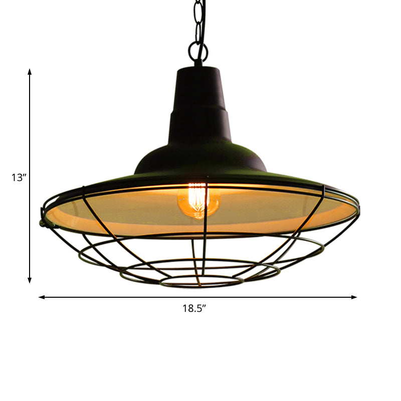 Flat Metal Ceiling Pendant Light with Wire Frame Vintage Stylish 1 Light Restaurant Hanging Lamp in Black Clearhalo 'Art Deco Pendants' 'Black' 'Cast Iron' 'Ceiling Lights' 'Ceramic' 'Crystal' 'Industrial Pendants' 'Industrial' 'Metal' 'Middle Century Pendants' 'Pendant Lights' 'Pendants' 'Rustic Pendants' 'Tiffany' Lighting' 40006