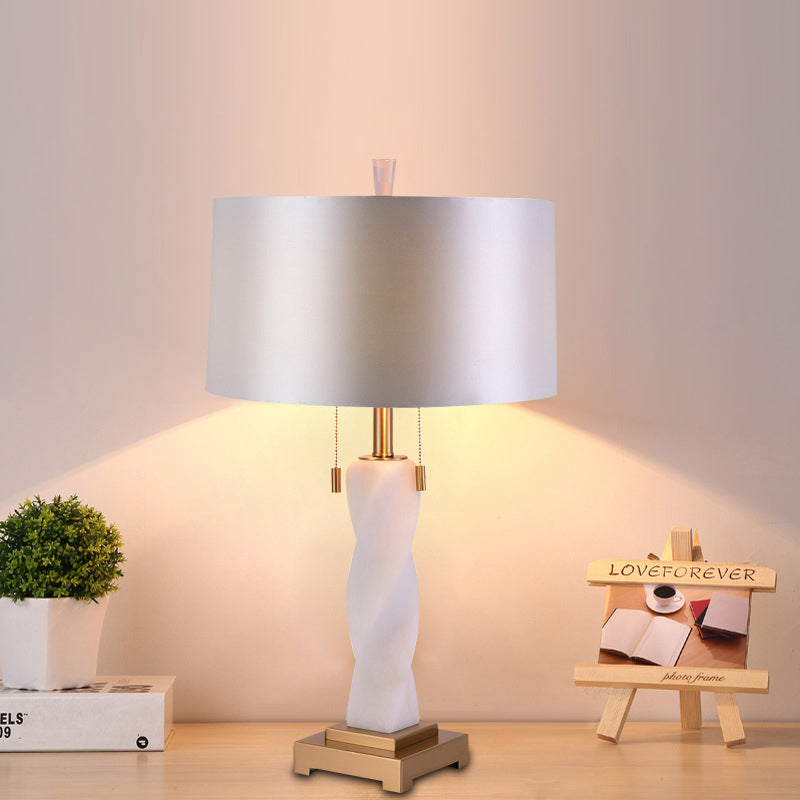 2 Heads Cylindrical Desk Light Modern Fabric Night Table Lamp in White with Pull Chain White Clearhalo 'Lamps' 'Table Lamps' Lighting' 400115