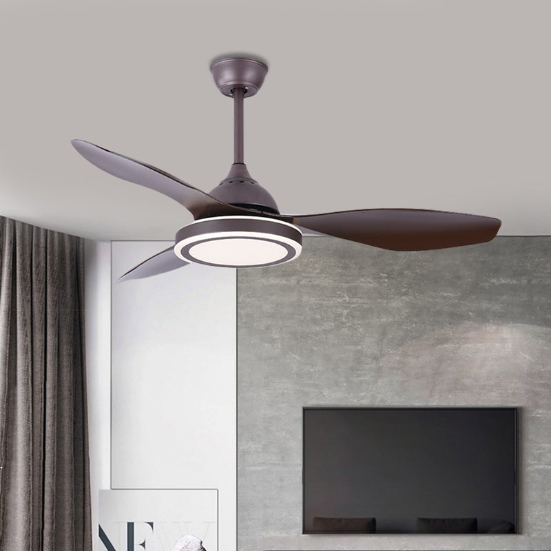 Metal Circle Semi Flush Mount Lamp Modernism Bedroom LED Pendant Fan Light in Dark Coffee with 3 Brown Blades, 48