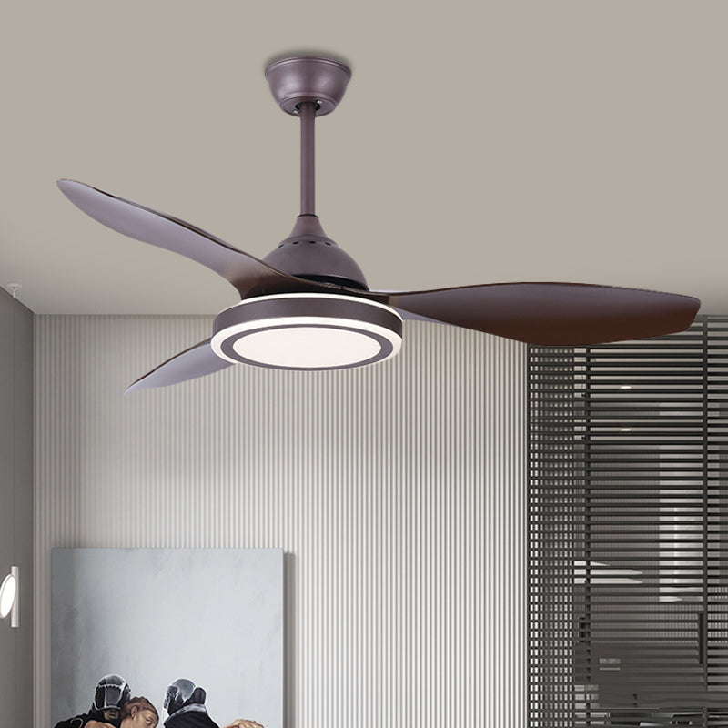 Metal Circle Semi Flush Mount Lamp Modernism Bedroom LED Pendant Fan Light in Dark Coffee with 3 Brown Blades, 48