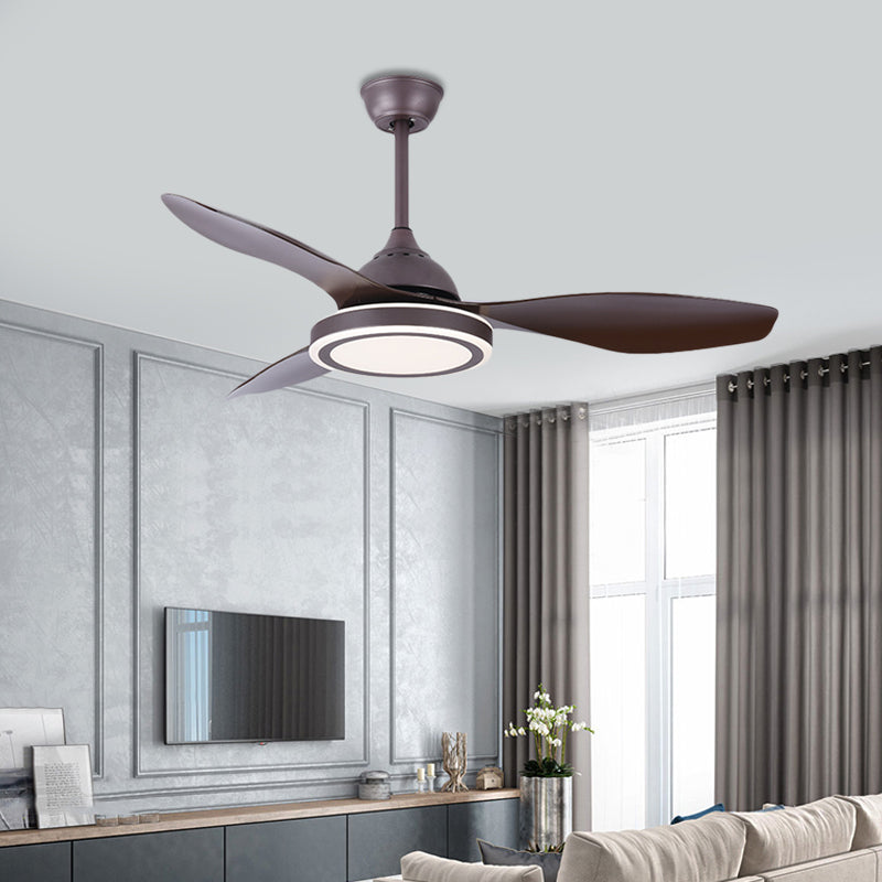 Metal Circle Semi Flush Mount Lamp Modernism Bedroom LED Pendant Fan Light in Dark Coffee with 3 Brown Blades, 48