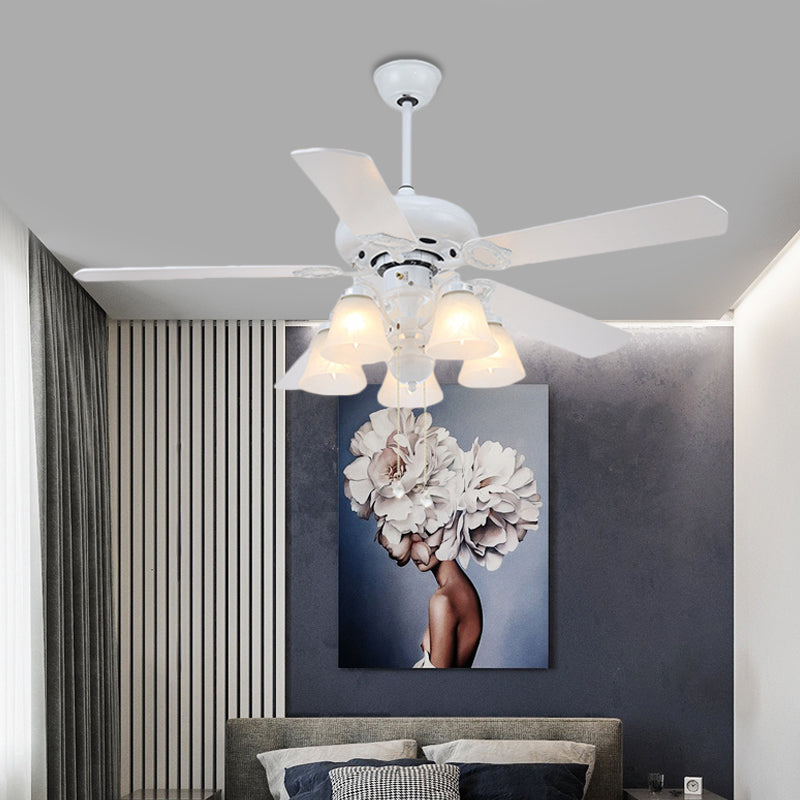 White 5 Lights Hanging Fan Lighting Modernist Opal Glass Bell Shade Semi Flush Lamp with 5 Blades for Living Room, 48