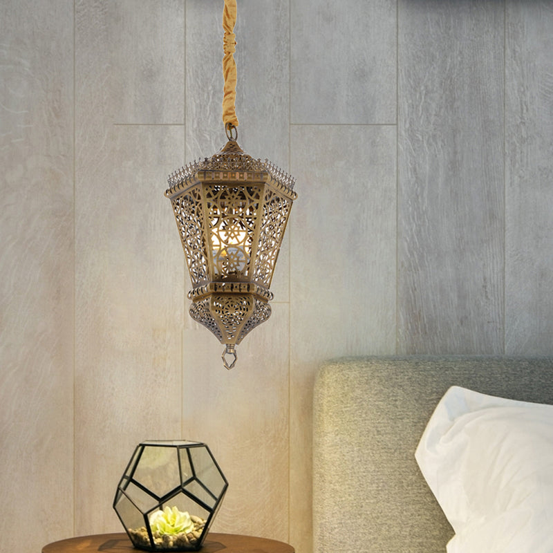 Brass 1 Light Hanging Lighting Arab Style Metal Hollowed Out Pendant Lamp for Corridor Clearhalo 'Ceiling Lights' 'Pendant Lights' 'Pendants' Lighting' 400288