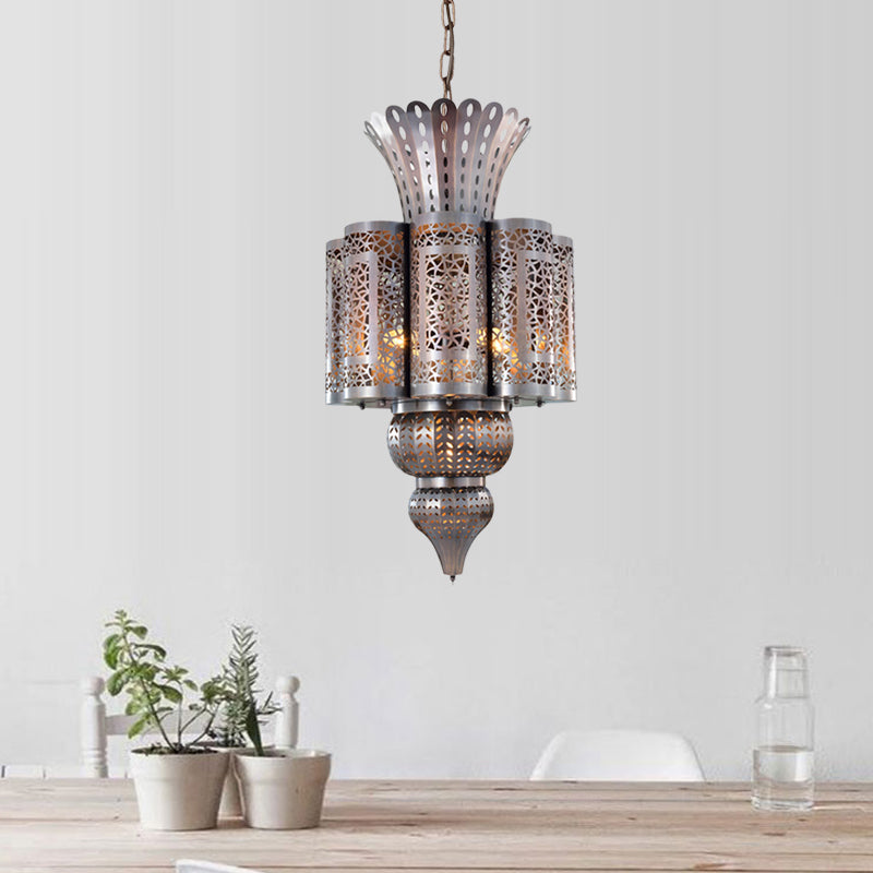 Vintage Hollow-Out Pendant Light 4 Bulbs Metallic Chandelier Ceiling Lamp in Bronze Clearhalo 'Ceiling Lights' 'Chandeliers' Lighting' options 400367