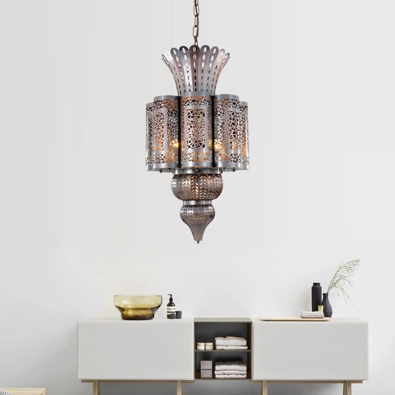 Vintage Hollow-Out Pendant Light 4 Bulbs Metallic Chandelier Ceiling Lamp in Bronze Clearhalo 'Ceiling Lights' 'Chandeliers' Lighting' options 400369