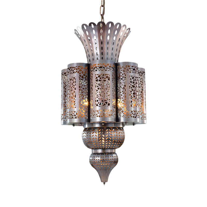 Vintage Hollow-Out Pendant Light 4 Bulbs Metallic Chandelier Ceiling Lamp in Bronze Clearhalo 'Ceiling Lights' 'Chandeliers' Lighting' options 400370