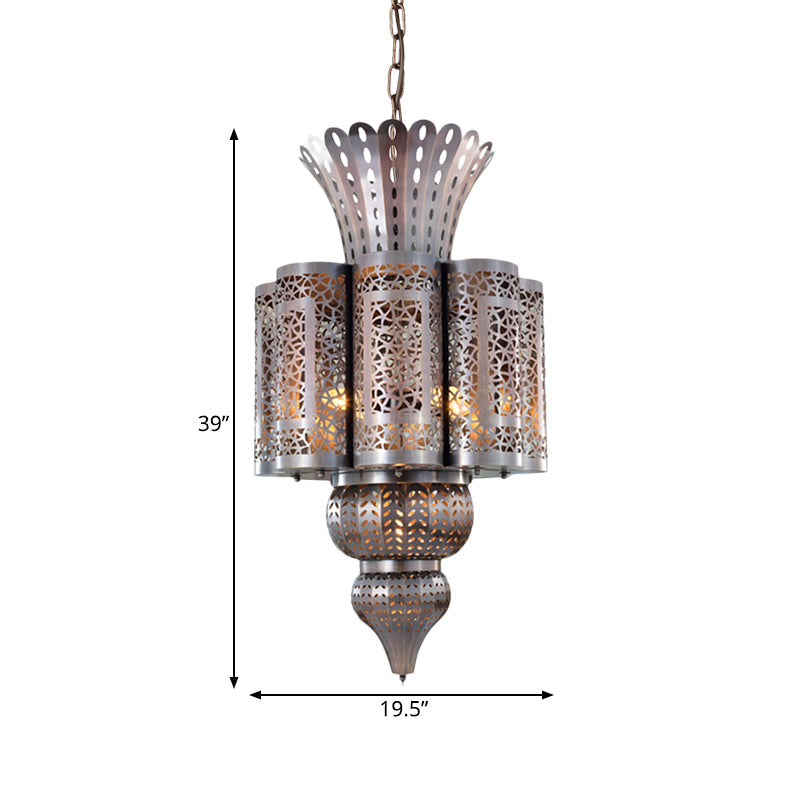 Vintage Hollow-Out Pendant Light 4 Bulbs Metallic Chandelier Ceiling Lamp in Bronze Clearhalo 'Ceiling Lights' 'Chandeliers' Lighting' options 400371