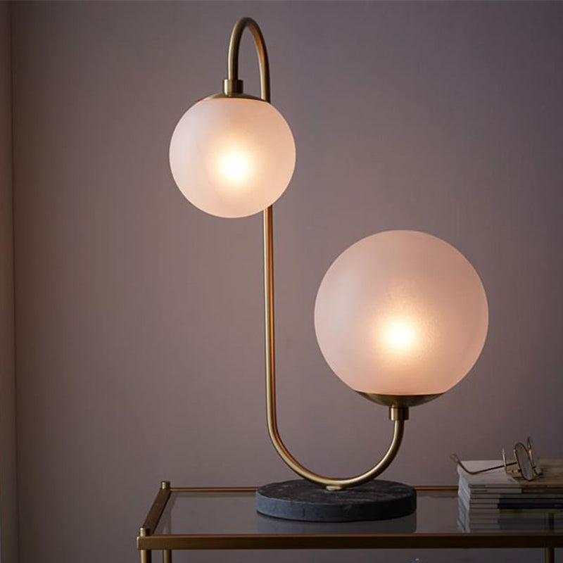 White Glass Ball Task Lamp Modern 2 Bulbs Table Light in Brass with Curvy Metal Arm Clearhalo 'Lamps' 'Table Lamps' Lighting' 400477