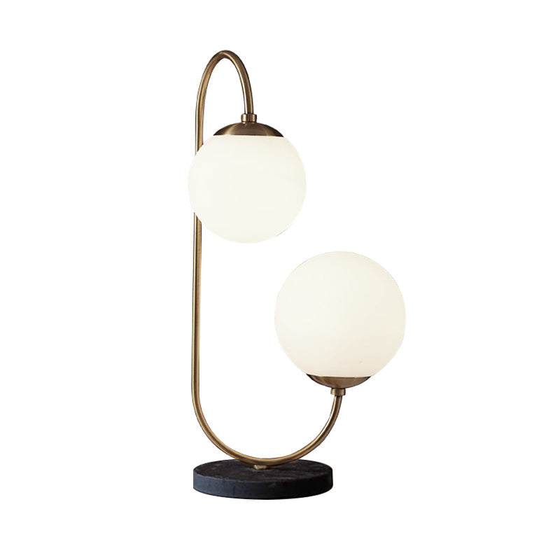 White Glass Ball Task Lamp Modern 2 Bulbs Table Light in Brass with Curvy Metal Arm Clearhalo 'Lamps' 'Table Lamps' Lighting' 400479