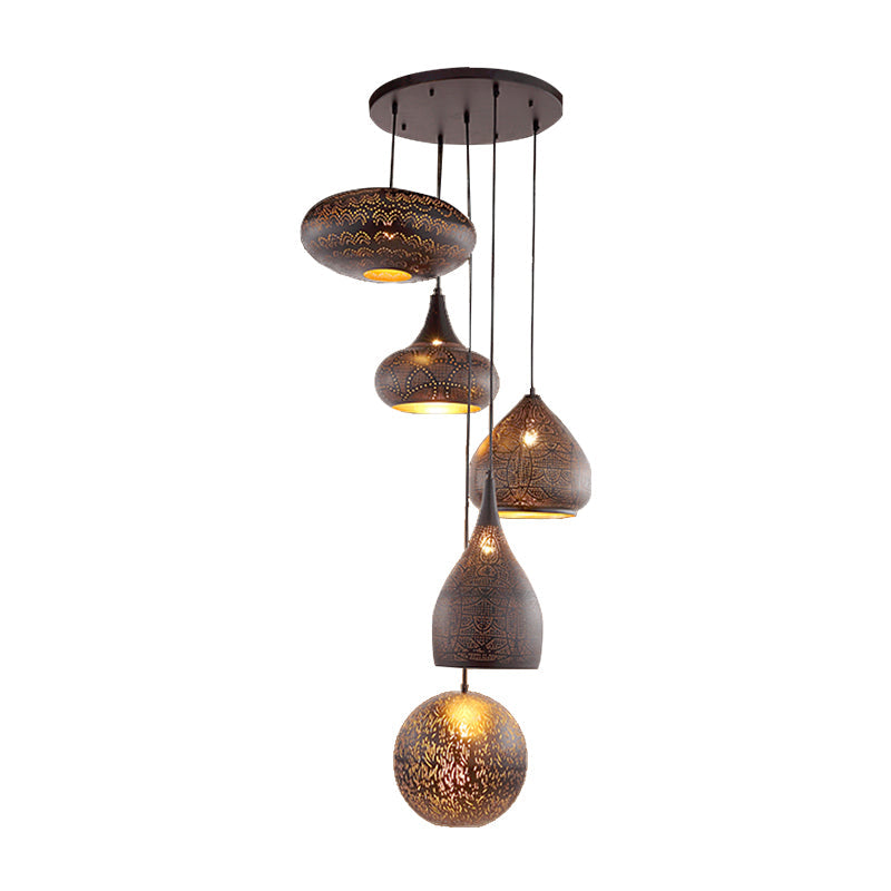 Antiqued Hollowed Out Hanging Light 5 Heads Iron Cluster Pendant Lamp in Black/Silver/Brass with Round Canopy Clearhalo 'Ceiling Lights' 'Pendant Lights' 'Pendants' Lighting' 400553