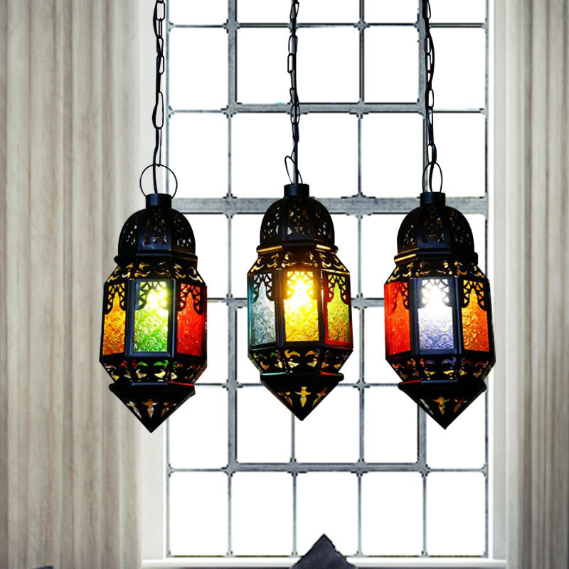 Black 3-Bulb Hanging Lighting Vintage Metallic Lantern Multi Pendant Lamp for Restaurant Black Clearhalo 'Ceiling Lights' 'Pendant Lights' 'Pendants' Lighting' 400566_2842d1f0-9d53-4e0a-af3f-8782fbe57a01