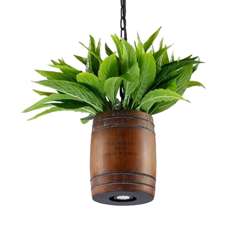 1 Head Barrel Suspension Lamp Industrial Brown Wooden Ceiling Pendant with Plant for Restaurant Clearhalo 'Art Deco Pendants' 'Cast Iron' 'Ceiling Lights' 'Ceramic' 'Crystal' 'Industrial Pendants' 'Industrial' 'Metal' 'Middle Century Pendants' 'Pendant Lights' 'Pendants' 'Tiffany' Lighting' 400581