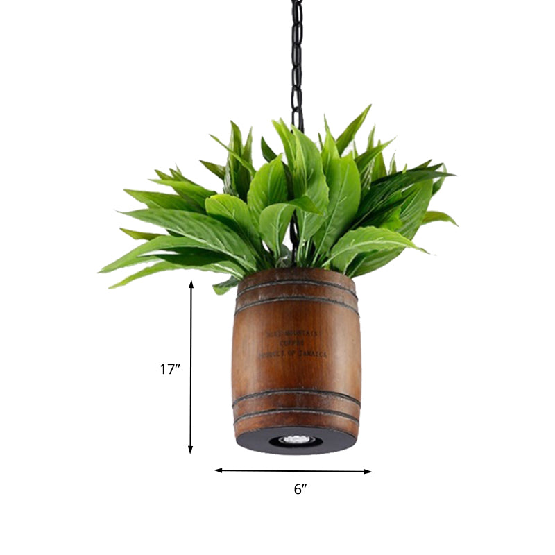 1 Head Barrel Suspension Lamp Industrial Brown Wooden Ceiling Pendant with Plant for Restaurant Clearhalo 'Art Deco Pendants' 'Cast Iron' 'Ceiling Lights' 'Ceramic' 'Crystal' 'Industrial Pendants' 'Industrial' 'Metal' 'Middle Century Pendants' 'Pendant Lights' 'Pendants' 'Tiffany' Lighting' 400583